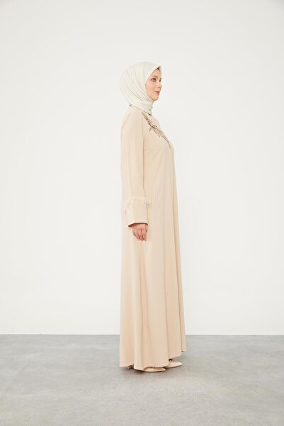 Levidor Beige Ferace - Stone Embroidered and Feather Detailed