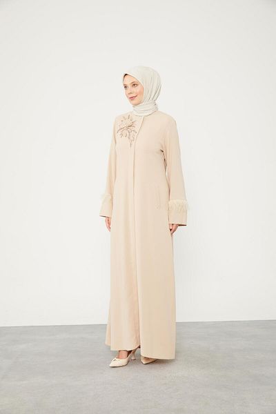 Levidor Beige Ferace - Stone Embroidered and Feather Detailed