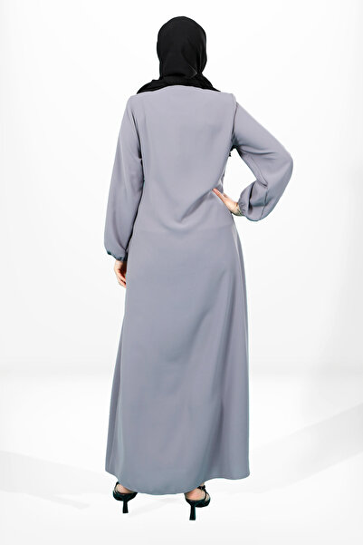 Beyza Γκρι Α-Line Side Tie Sleeve Elastic Hijab Ferace 3906