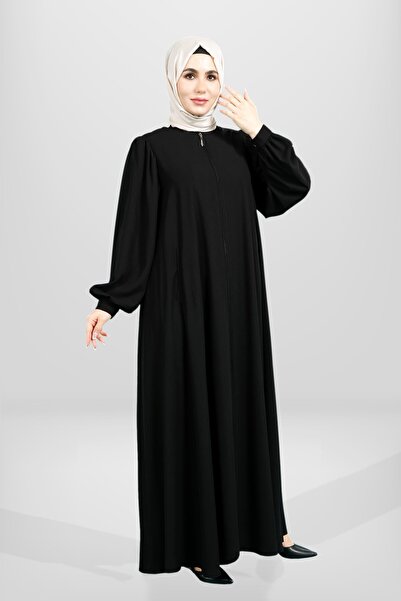 Beyza Fermuarlı Büzgülü Takma Kollu Kloş Kesim Siyah Renk Ferace 3904
