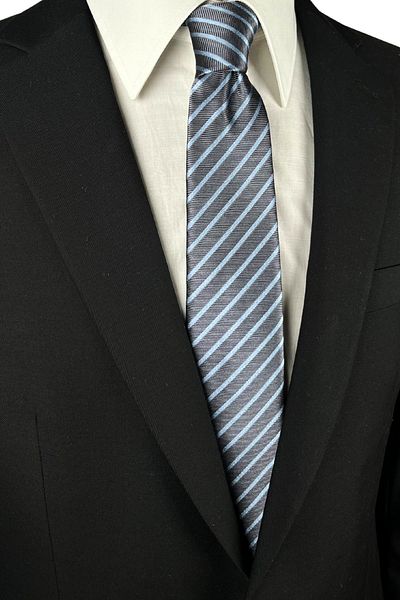 1001 Kravat 7.5 cm Wide Gray Blue Striped Silk Tie