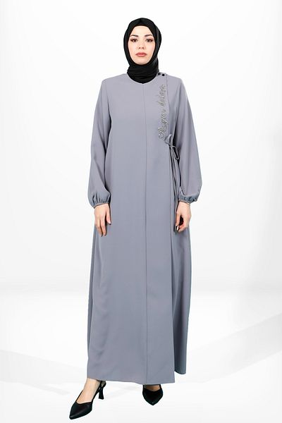 Beyza Gray A-Line Side Tie Sleeve Elastic Hijab Ferace 3906