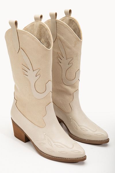 DENORA Beige Cream Matte Suede Embroidered Western Cowboy Boots - Tan Nude