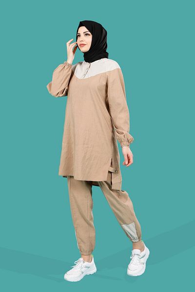Beyza Σετ αθλητική φόρμα Mink Hijab - Μπλούζα με κουμπιά και παντελόνι Jogger 4163