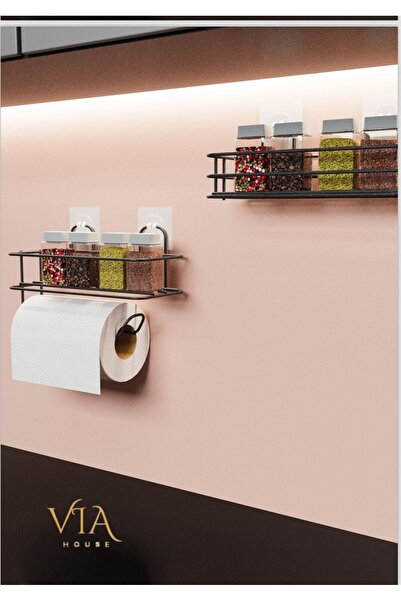 VİE HOUSE Siyah Yapışkanlı Baharatlık 2 Li Metal Kağıt Havluluk Baharat Stand...