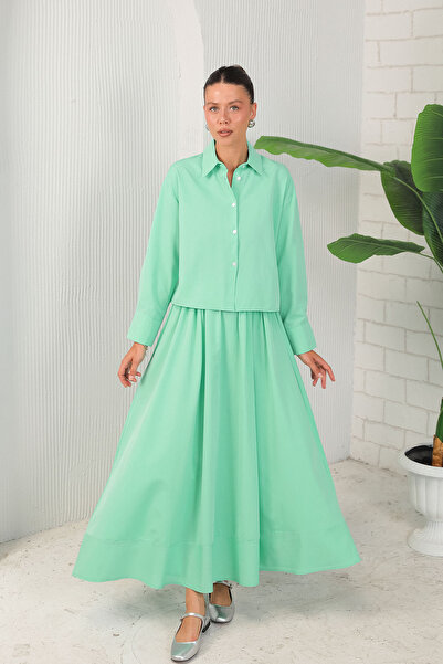 Melike Tatar طقم تنورة بوبلين باللون الأخضر المائي - 62-5070