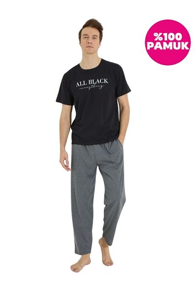 BIES Μαύρες ανδρικές πιτζάμες - Crew Neck, 100% βαμβάκι, τσέπες, κοντό μανίκι