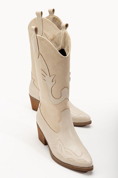 DENORA Beige Cream Matte Suede Embroidered Western Cowboy Boots - Tan Nude