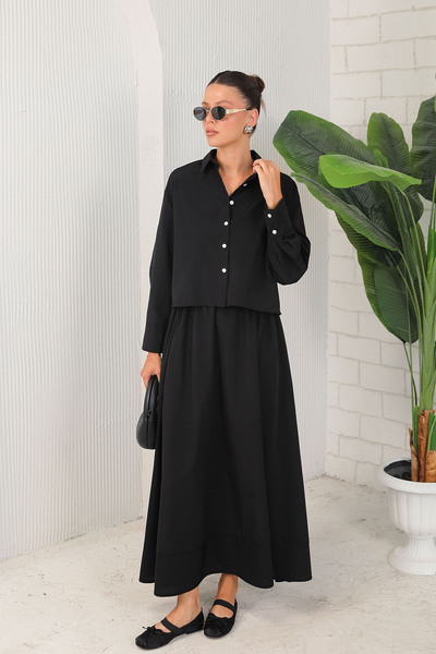 Melike Tatar طقم تنورة بوبلين أسود - 62-5070