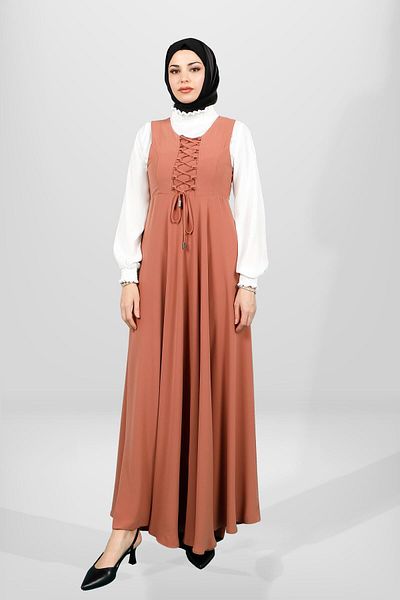 Beyza Σετ αμάνικο χιτζάμπ και μπλούζα με λεπτομέρεια από φλοιό κρεμμυδιού - Λεπτομέρεια δαντέλας 4118