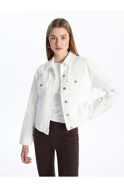 LC Waikiki Women's Jean Jacket - Shirt Collar, Solid, Long Sleeve
