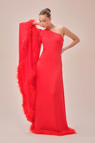 Oleg Cassini One Shoulder Red Satin Long Evening Dress - VC5699