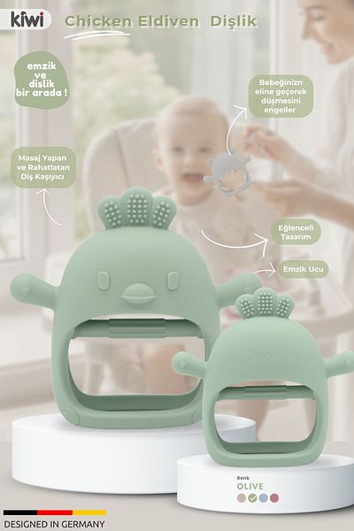 Kiwi Olive Colored Chicken Baby Scratcher with Gloves Pacifier Toy Teethers