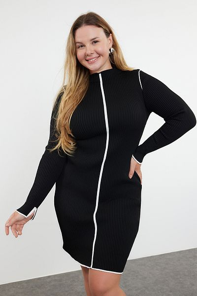 Trendyol Curve Plus Size Black Corded Knitwear Dress - Tbbaw25Ah00009