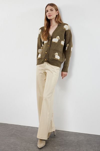 Trendyol Collection Animal Pattern Khaki Knitwear Cardigan - Soft Textured TWOAW21HI0476