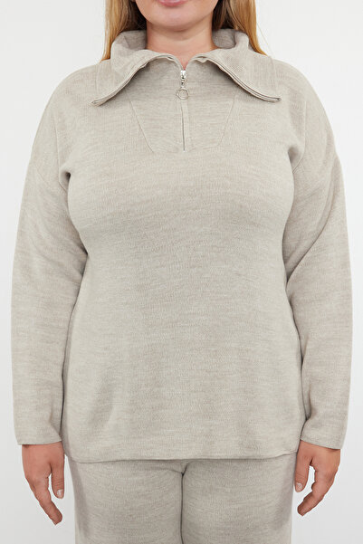 Trendyol Curve Σετ Πλεκτό Μπεζ Μεγάλο Μέγεθος Τοπ και Κάτω