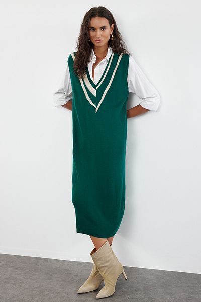 Trendyol Collection Μίνι Πλεκτό Φόρεμα Color Blocked Emerald Green - TWOAW23EL00197