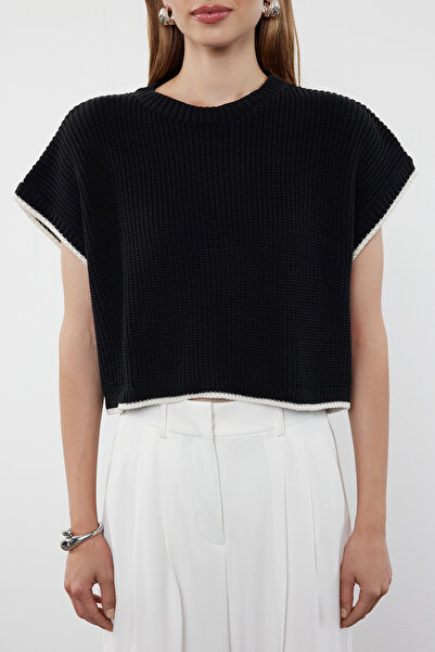 Trendyol Collection Sötétkék Crop kötöttáru pulóver - széles szabású, nyakú, fenntartható TWOAW25SV00004