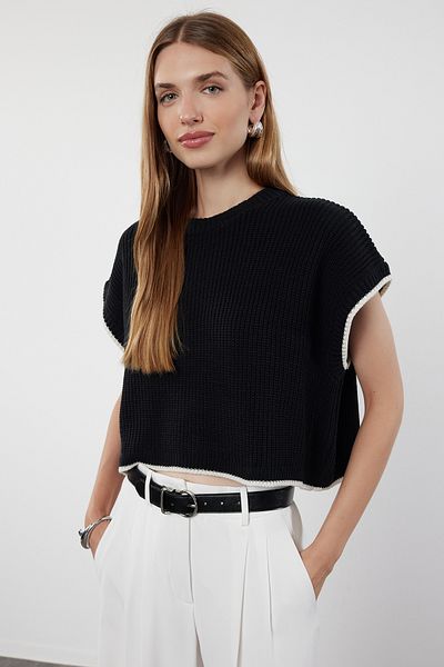 Trendyol Collection Sötétkék Crop kötöttáru pulóver - széles szabású, nyakú, fenntartható TWOAW25SV00004
