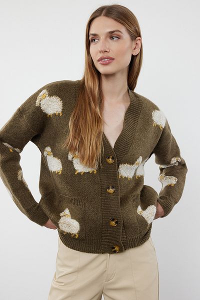 Trendyol Collection Animal Pattern Khaki Knitwear Cardigan - Soft Textured TWOAW21HI0476
