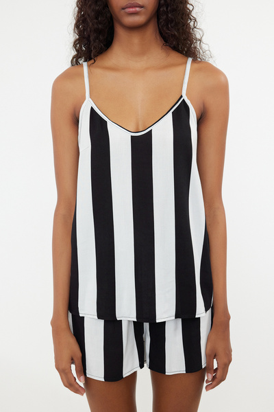 Trendyol Collection Viskóz szőtt kötélpántos pizsama szett - fekete-fehér csíkos THMSS23PT00225