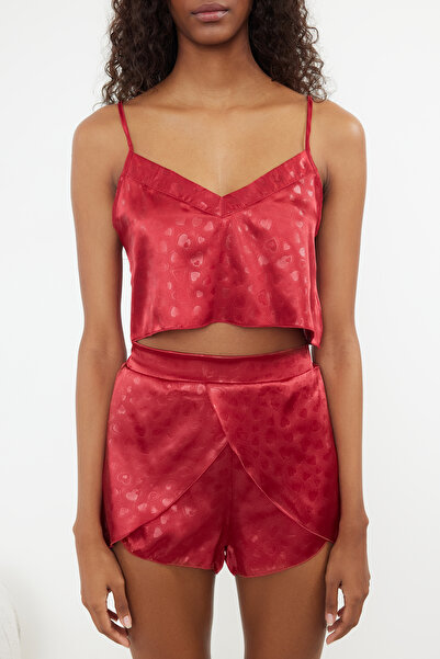 Trendyol Collection Burgundy Satin Heart Rope Suspender Shorts Woven Pajamas Set Thmss23Pt00097