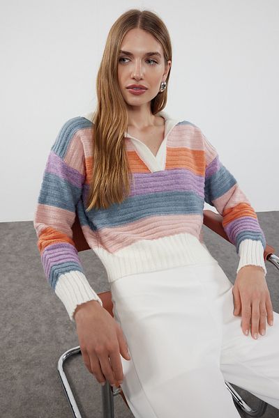 Trendyol Collection Polo Collar Ecru Knitwear Sweater - Soft Texture, Color Block Twoaw25Kz00280