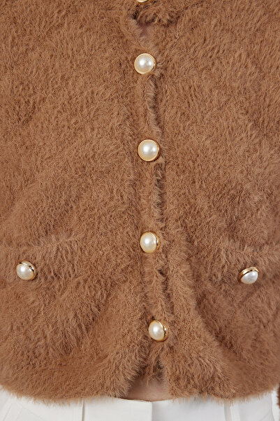 Trendyol Collection Mink Color Crop kötöttáru kardigán - tollkabát megjelenés TWOAW25HI00177