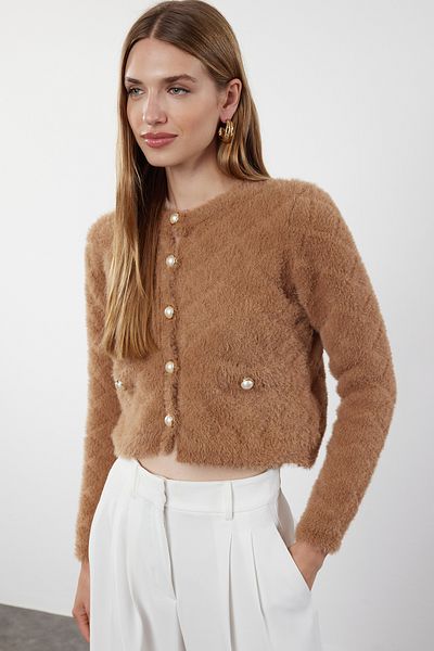 Trendyol Collection Ζακέτα με πλεκτά Mink Color Crop - Γούνινο παλτό εμφάνιση TWOAW25HI00177