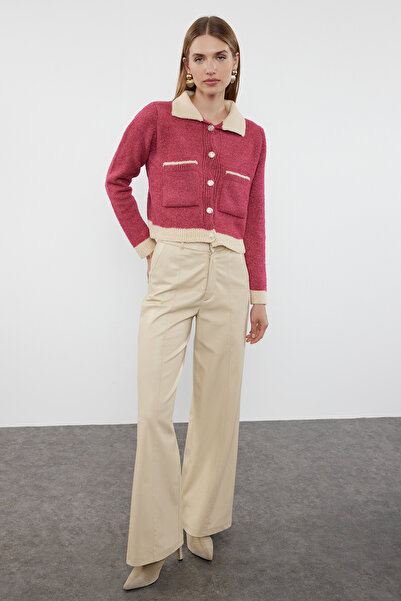 Trendyol Collection Polo Neck Pink Knitwear Cardigan - Coat Look Boucle Twoaw25Hi00077