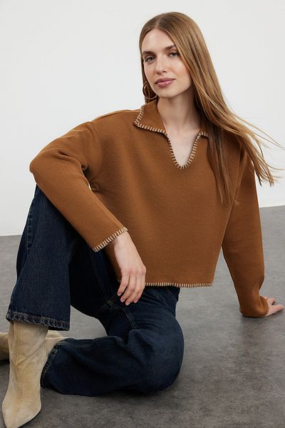 Trendyol Collection Pololímeček Camel Bavlněný svetr - Wide Fit Twoaw24Kz00981