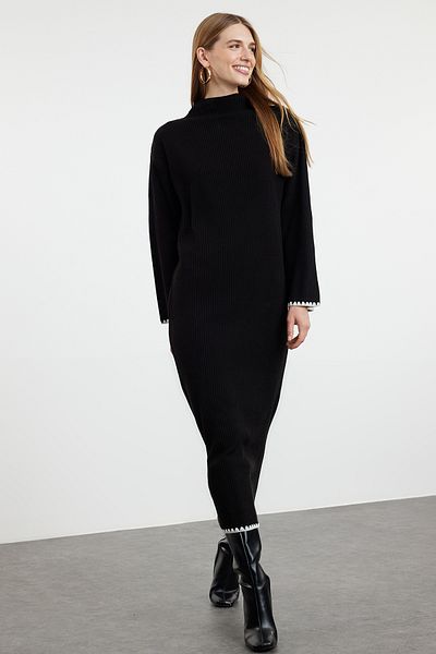 Trendyol Modest Μακρύ μαύρο πλεκτό φόρεμα - Λεπτομέρεια ραφής TCTAW25EB00001
