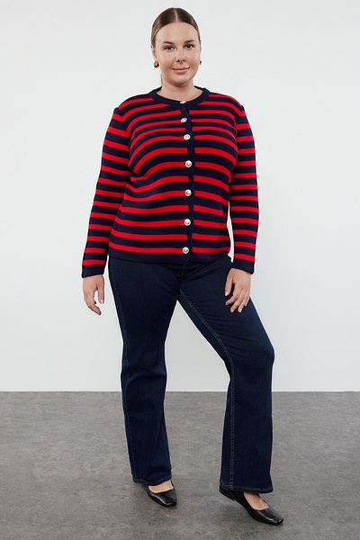 Trendyol Curve Marineblau-rot gestreifte Jacke Look Strickjacke TBBAW24AV00011