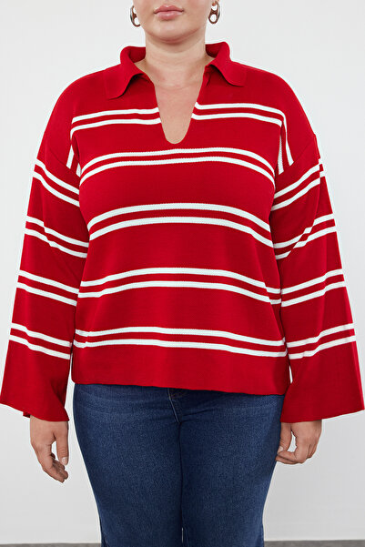 Trendyol Curve Red Striped Polo Neck Knitwear Sweater Tbbaw24An00013
