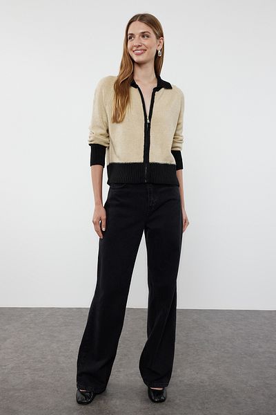 Trendyol Collection Beige Color Blocked Soft Knitwear Cardigan - Zippered TWOAW24HI00102