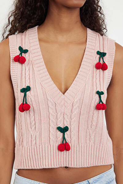 Trendyol Collection Fruit Patterned Pink Crop Knitwear Sweater - Twoaw25Sv00021