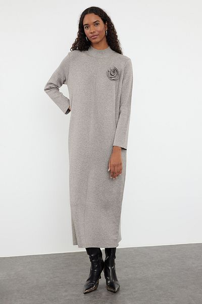 Trendyol Modest Πλεκτό Φόρεμα - Λεπτομέρεια λουλουδιών Mink, TCTAW25EB00049