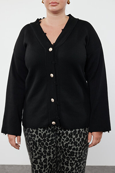 Trendyol Curve Černý pletený cardigan s výstřihem do V s detailem střihu - TBBAW25AV00006