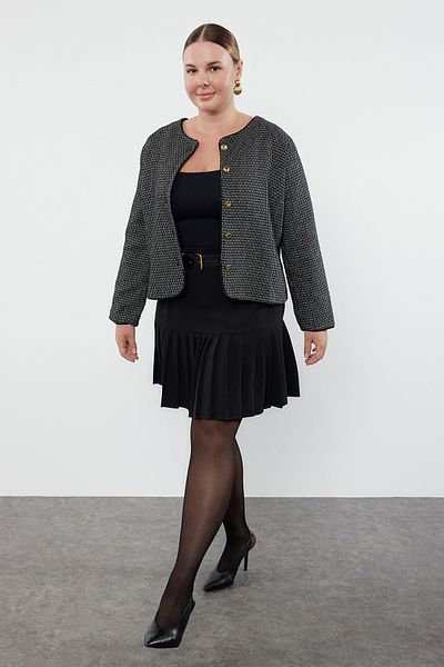 Trendyol Curve Tweed-Jacke mit Knöpfen - Schwarz-weiß kariert, gefüttert TBBAW25AG00000