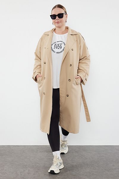 Trendyol Curve Maxi Beige Regular Fit műszaki szövet - szezonális kabát övvel TBBAW25BM00002