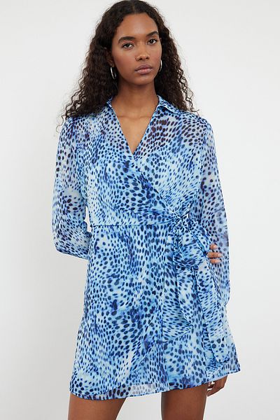 Trendyol Collection Rochie mini țesătă cu detaliu cu șireturi cu model leopard albastru TWOAW24EL00488