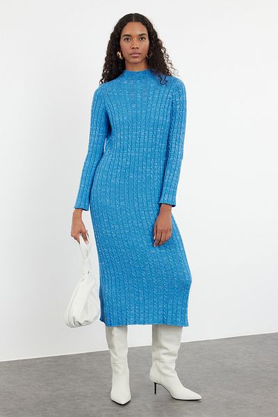 Trendyol Modest Indigo džínové úpletové šaty - vlasy spletené, pratelné TCTAW25EB00021
