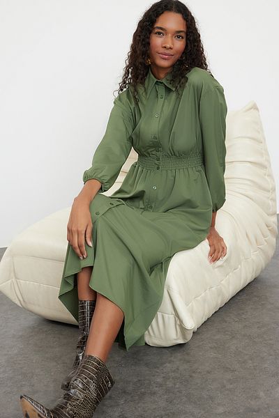 Trendyol Modest Khaki tkané šaty - elastický pas TCTAW25EB00059