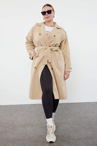 Trendyol Curve Maxi Beige Regular Fit műszaki szövet - szezonális kabát övvel TBBAW25BM00002