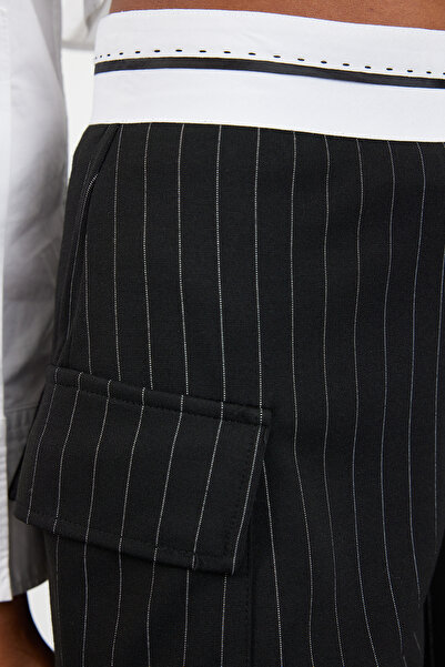 Trendyol Collection Mini Shorts and Bermuda - Black Striped, Cargo Pocket and Ribbon Waist Detail TWOSS24SR00194