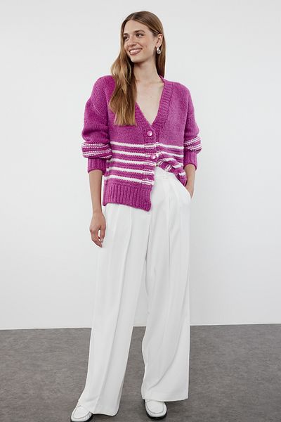 Trendyol Collection Soft Textured Pink Striped Knitwear Cardigan - TWOAW24HI00118