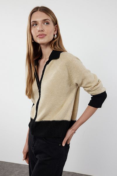 Trendyol Collection Beige Color Blocked Soft Knitwear Cardigan - Zippered TWOAW24HI00102