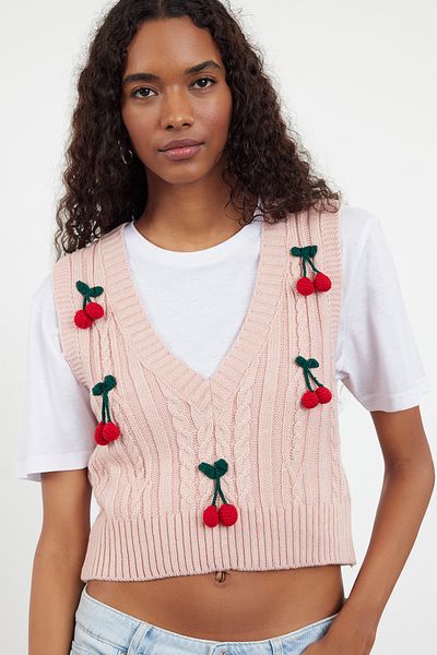 Trendyol Collection Fruit Patterned Pink Crop Knitwear Sweater - Twoaw25Sv00021