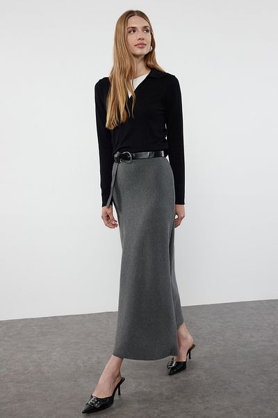 Trendyol Collection Szürke Mercerized Look prémium fonal/különleges fonal Midi kötöttáru szoknya TWOAW25ET00005