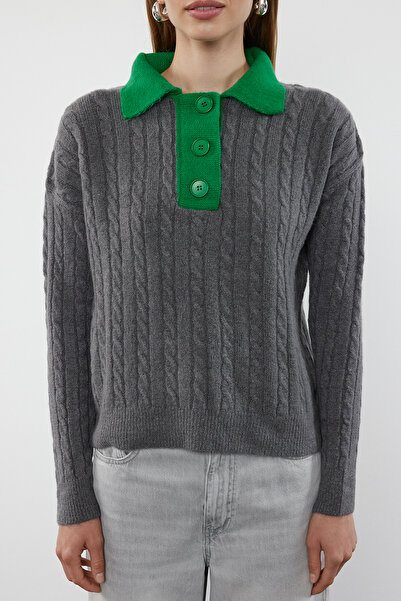 Trendyol Collection Polo Collar Anthracite Knitwear Sweater - Soft Texture, Color Block Twoaw25Kz00029